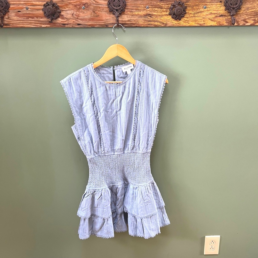 Allison New York Blue Eyelet Lace Smocked Waist Tiered Ruffle Peplum Top Small‎
